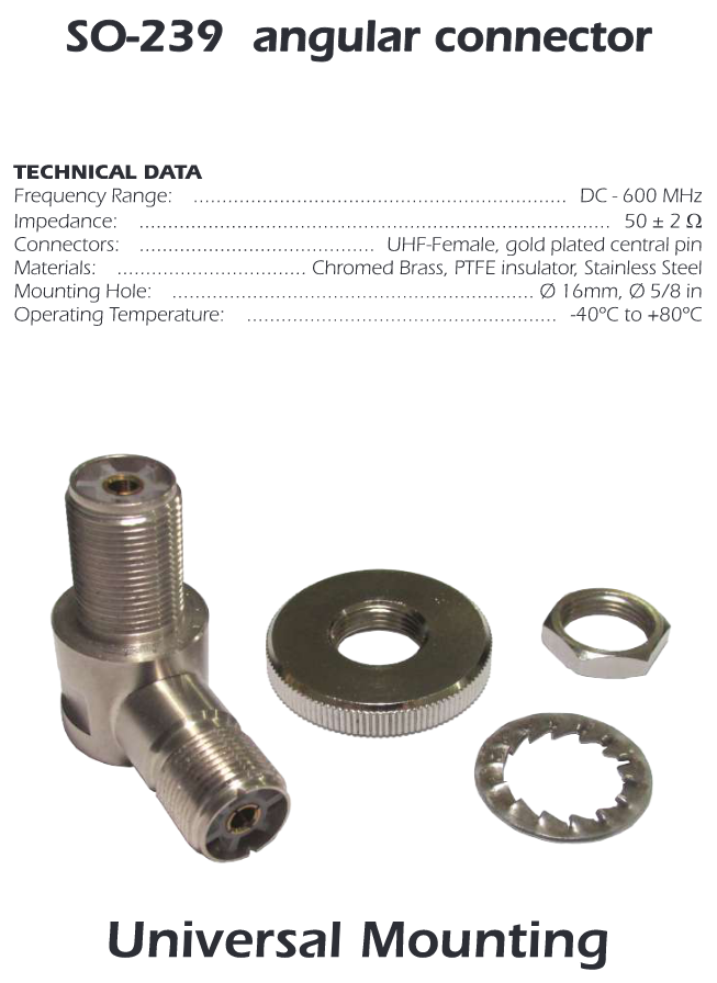 Sirio Heavy Duty SO-239 Angular connector 2X PL259-F 90° Degree (image for) Sirio Heavy Duty SO-239 Angular connector 2X PL259-F 90° Degree